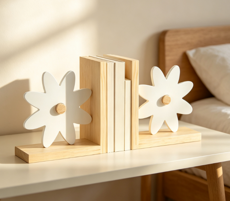 Daisy-Shaped Wooden Bookends – Pink Rainbow, Moon, & Cloud Elements (Set of 2)