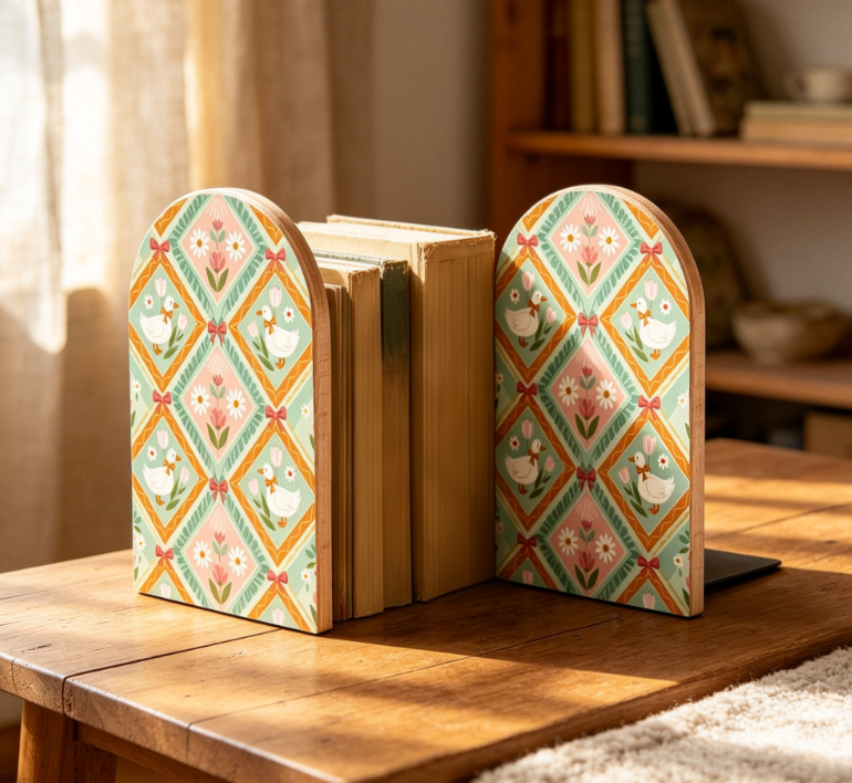 Floral and White Goose Pattern Wooden Bookends – Non-Slip Design (Set of 1 Pair)